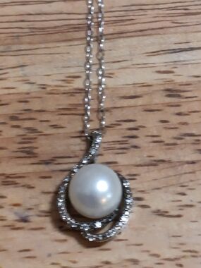 Sterling Silver Faux Pearl Pendant Necklace with Cz Halo 18 Inch - White/Silver